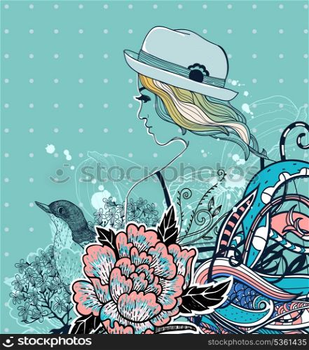 vector illustration of a beautiful girl with a bird and blooming roses