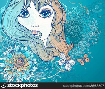 vector illustration of a beautiful girl with blooming flowers and butterflies