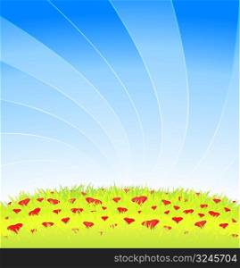 Vector illustration of a beautiful romantic meadow with blue lined sky and detailed grass full of lovely heart flowers. Copy space for custom text.