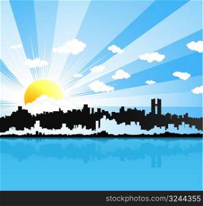 Vector illustration of a beautiful sunny happy urban landscape background with water reflection. Sun and clouds in the sky.