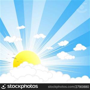 Vector illustration of a beautiful sunny sky with rays, clouds and birds.