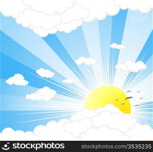 Vector illustration of a beautiful sunny sky with rays, clouds and birds.