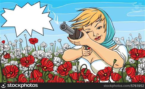 Vector illustration of a beautiful woman shoots a gun.