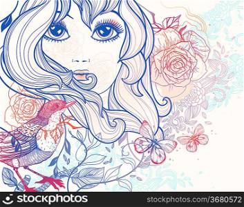 vector illustration of a beautifyl girl with birds and flowers