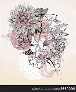 vector illustration of a beige flowers and butterflies