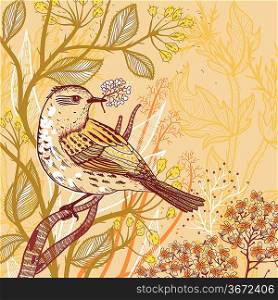 vector illustration of a bird and blooming autumn plants
