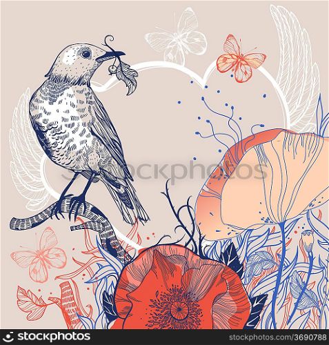vector illustration of a bird and blooming poppies