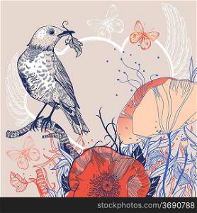 vector illustration of a bird and blooming poppies