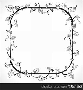 Vector illustration of a black and white vintage floral leaf frame with modern curls and vines.