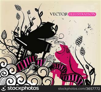 vector illustration of a black piano and abstract plants, waves and stars