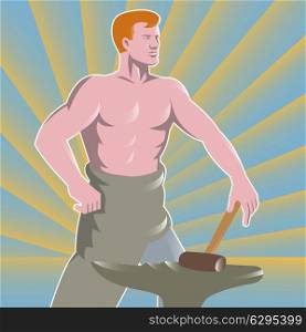 Vector illustration of a blacksmith with hammer and anvil done in the retro style.. Blacksmith With Hammer and Anvil Retro Style