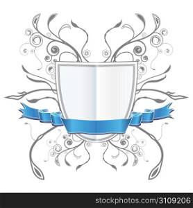 Vector illustration of a blank customizable floral coat of arms (shield) with a blue ribbon.