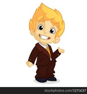 Vector illustration of a blond boy in man&rsquo;s clothes. Cartoon of a young boy dressed up in a mans business brown suit presenting. Cartoo funny little boy