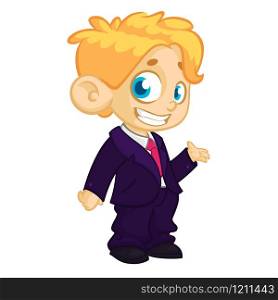 Vector illustration of a blond boy in man&rsquo;s clothes. Cartoon of a young boy dressed up in a mans business brown suit presenting