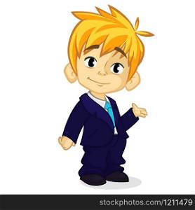 Vector illustration of a blond boy in man&rsquo;s clothes. Cartoon of a young boy dressed up in a mans business suit presenting. Cartoo funny little boy