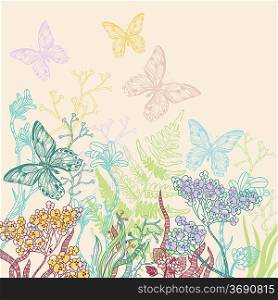 vector illustration of a blooming field and flying butterflies