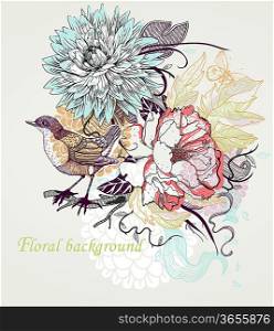 vector illustration of a blooming flowers and a little bird