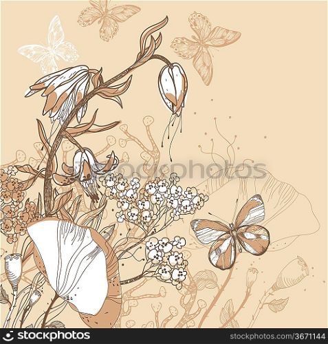 vector illustration of a blooming flowers and butterflies