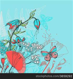 vector illustration of a blooming flowers and butterflies on a bright blue background