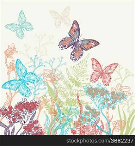 vector illustration of a blooming summer field with colorful butterflies