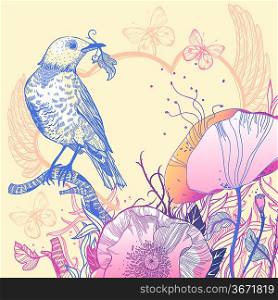 vector illustration of a blue bird and blooming poppies