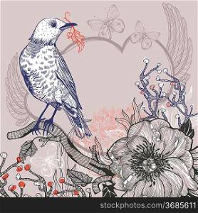 vector illustration of a blue forest bird and blooming wild rose