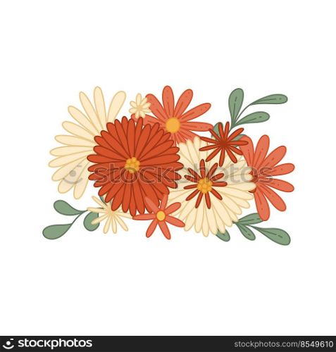 Vector illustration of a bouquet of groovy flowers with foliage and tems. Retro floral bouquet image. Hippie mood. Flower power clipart for stickers, printing on t-shirts, mugs, pillows.. Vector seamless pattern with bouquet of groovy flowers and stems on white background with ditsy. Retro hippie floral texture.