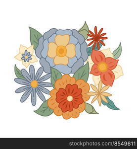 Vector illustration of a bouquet of groovy flowers with foliage. Retro floral image. Hippie mood. Flower power. Nature clipart for stickers, printing on t-shirts, mugs, pillows.. Vector illustration of a bouquet of groovy flowers with foliage. Retro floral image. Hippie mood. Flower power. Nature clipart