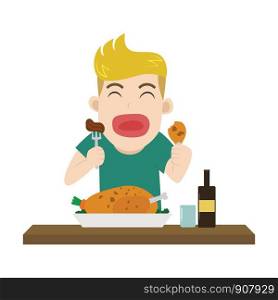 Vector illustration of a boy enjoy eating meal yummy on table - character cartoon
