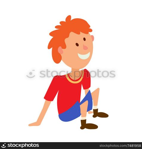 Vector illustration of a boy in a red T-shirt and shorts sitting on the floor. Colored figure child in a position of rest