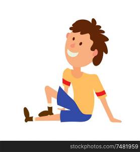 Vector illustration of a boy in a yellow T-shirt and shorts sitting on the floor. Colored figure child in a position of rest