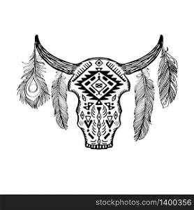 Vector illustration of a bull skull with antlers and feathers. Tribal boho pattern. Doodle element for printing on T-shirts, tattoo sketch, postcards, scrapbooking. Contour illustration bull skull with antlers and feathers with boho pattern. Vector doodle element for printing on T-shirts, tattoo sketch, postcards and your creativity