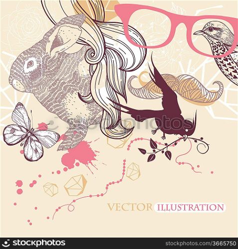vector illustration of a bunny and an abstract man with birds and butterflies