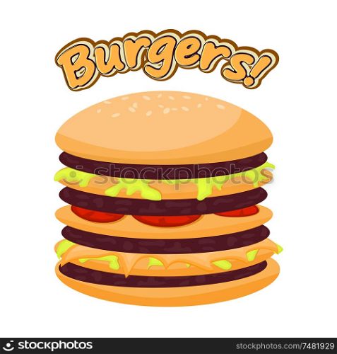 Vector illustration of a burger on a white background. Cartoon style fast food image. Burger with meat, tomatoes, cabbage