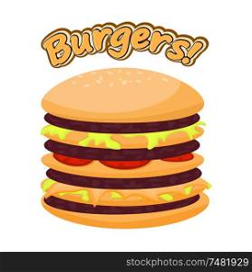 Vector illustration of a burger on a white background. Cartoon style fast food image. Burger with meat, tomatoes, cabbage
