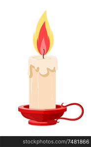 Vector illustration of a burning candle in a holder on a white background. Cartoon candle with the flame in red holder. Isolated object. Vintage candle