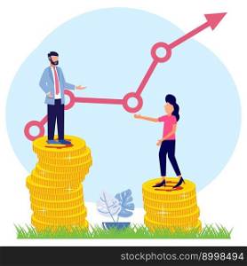 Vector illustration of a business concept, 2 business women and men standing on a pile of coins symbolizing salary levels. Gender gaps and inequalities in wages. Sexism and discrimination.