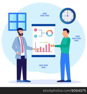 Vector illustration of a business concept, 2 businessmen standing between graph tables, vector collective thinking and brainstorming, company information analytics.