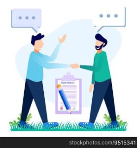 Vector illustration of a business concept. Business people working together to shake hands. Build a business together. fund creative projects. Signing a contract agreement.
