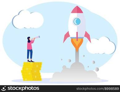Vector illustration of a business concept, character building a spaceship rocket. cohesive teamwork at the start. upward economic growth.