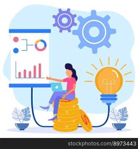 Vector illustration of a business concept, character of an entrepreneur with a bulb. Bring up ideas in business, business growth and success.