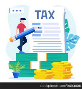 Vector illustration of a business concept. Paying taxes every year, obedient entrepreneurs pay taxes, records, property values. Business profit that reaches the target.