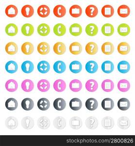 Vector illustration of a business icon set with gradients and shadows: home, idea, web refresh (recycle), contact phone, portfolio, question, paper and mail. In different colors.