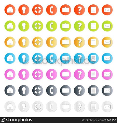 Vector illustration of a business icon set with gradients and shadows: home, idea, web refresh (recycle), contact phone, portfolio, question, paper and mail. In different colours.