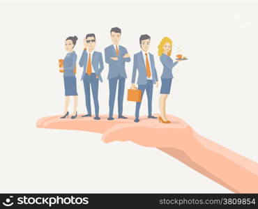 Vector illustration of a business team of young business people standing together on palm of the hand on white background