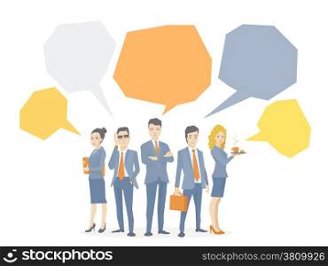 Vector illustration of a business team of young business people standing together with bright bubbles over their on white background