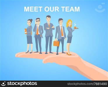 Vector illustration of a business team of young business people standing together on palm of the hand on blue background