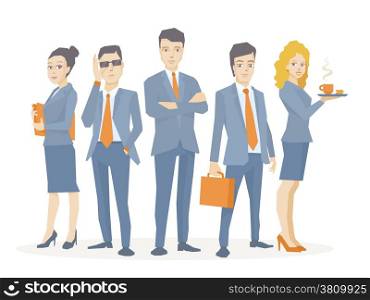 Vector illustration of a business team of young business people standing together on white background