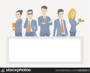Vector illustration of a business team of young businesspeople standing together behind empty white billboard