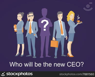 Vector illustration of a business team standing together in the center and the ceo silhouette with a question mark on dark background